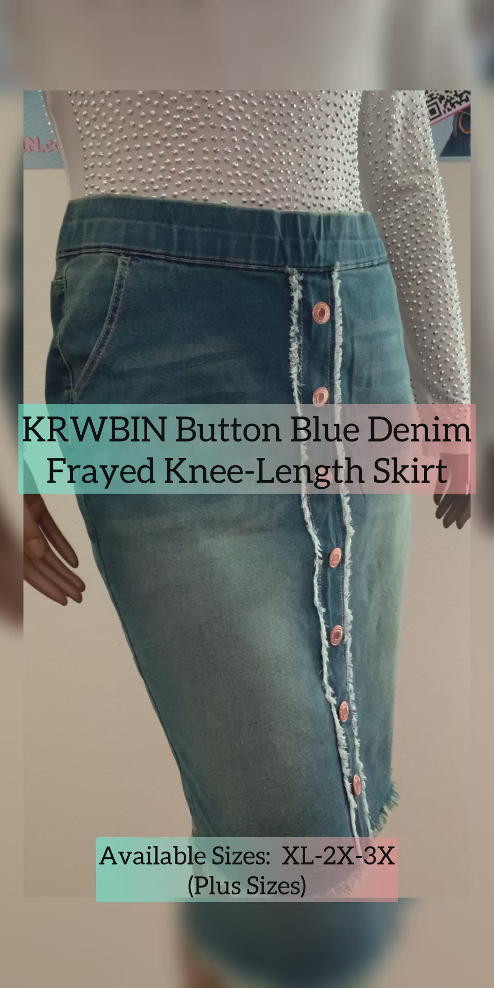 KRWBIN Button Blue Denim Frayed Knee-Length SKIRT