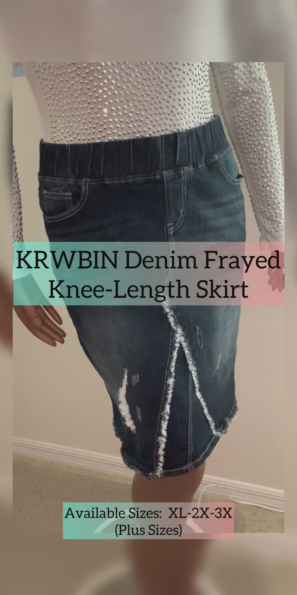 KRWBIN Denim Frayed Knee-Length SKIRT