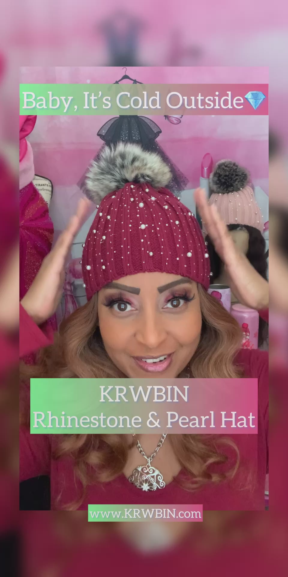 KRWBIN Rhinestone & Pearl Faux Fur HAT