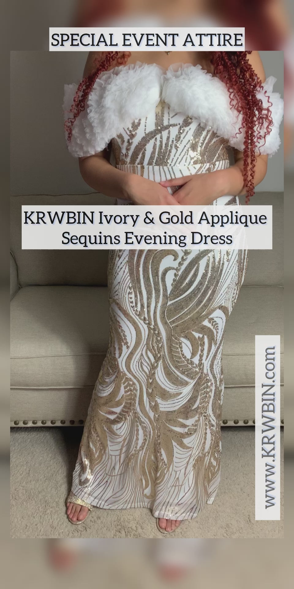 Ivory & Gold Applique Sequins Evening Dress