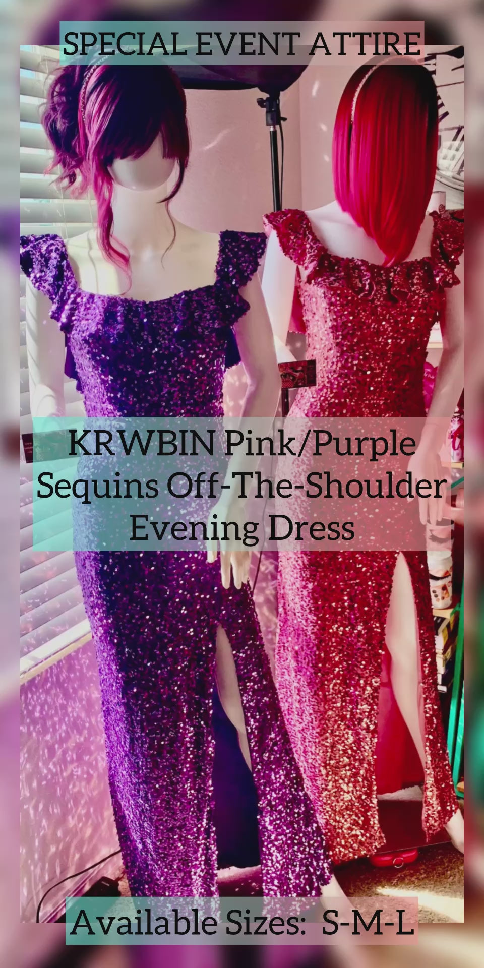 KRWBIN Pink/Purple Sequins Off-The-Shoulder Evening Dress