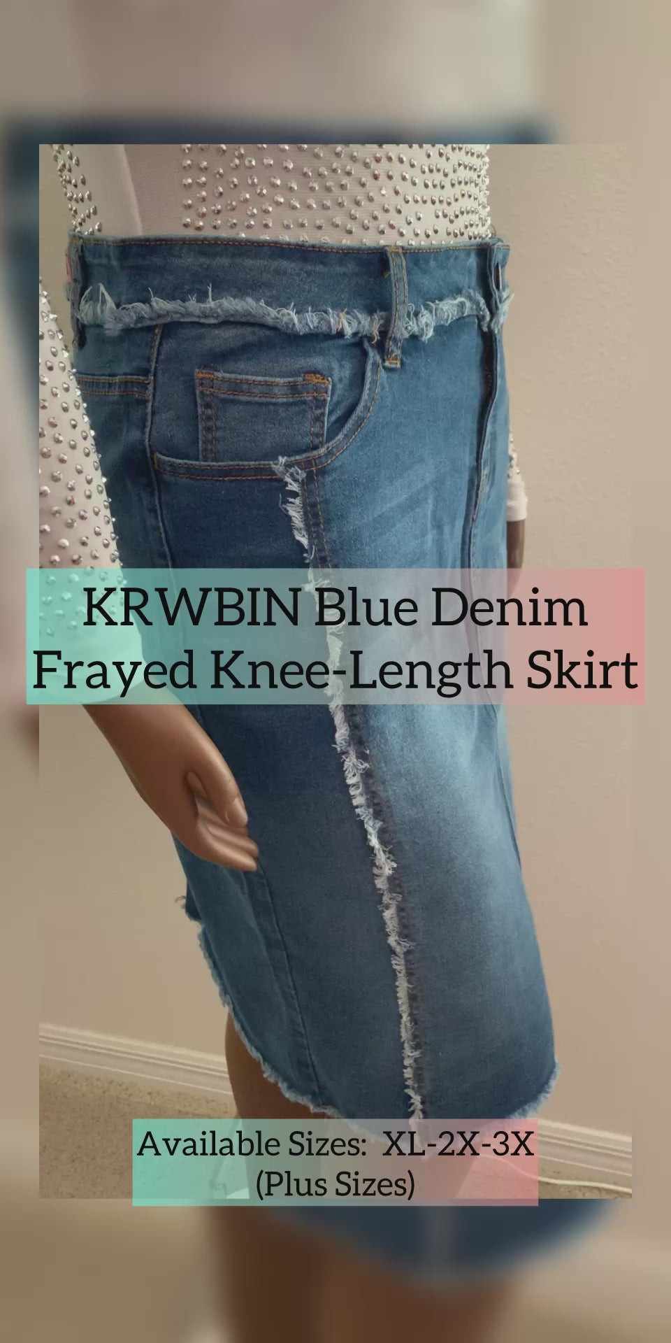 KRWBIN Blue Denim Frayed Knee-Length SKIRT