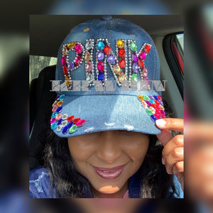 Denim Distressed Ball Cap Encrusted “PINK”